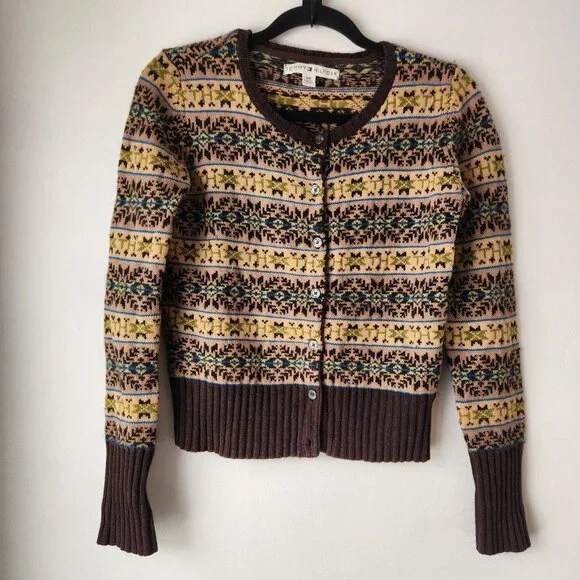 Vintage Tommy Hilfiger Brown Fair Isle Cardigan Sweater Lambswool Alpaca Size S - Picture 1 of 8